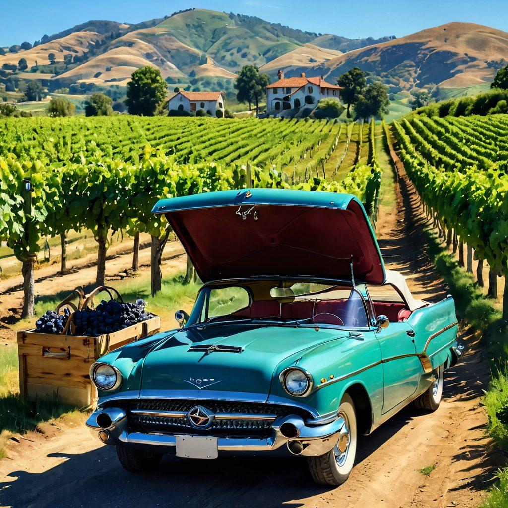 A scenic vineyard road with a stylish vintage car adorned with custom accessories, such as a wine rack and picnic setup in the trunk. Surrounding the vehicle are lush green grapevines under a bright blue sky, with a hint of rolling hills in the background. The scene conveys a sense of luxury and adventure in viniculture. super-realistic. vibrant colors. afternoon light.