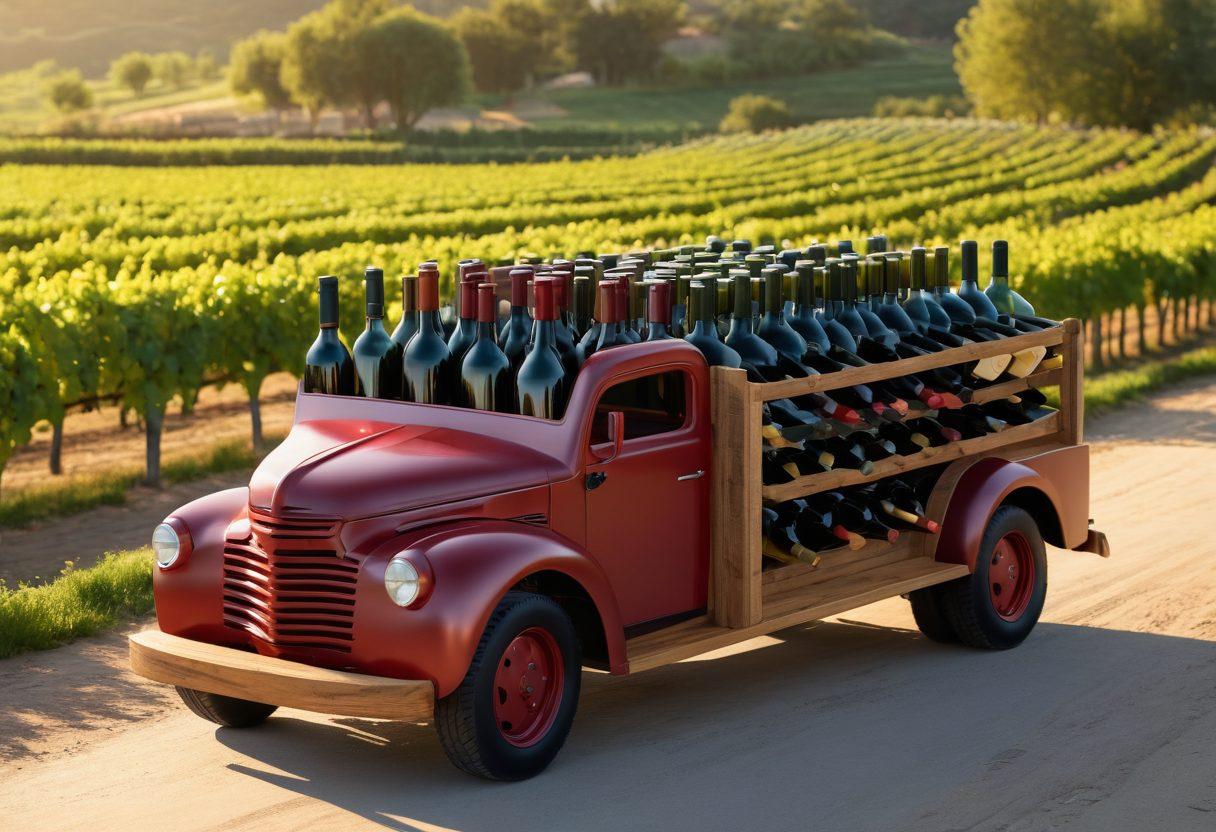 A custom truck with an open bed featuring sophisticated wine storage solutions, showcasing neatly arranged wine bottles secured in an innovative wooden rack. The background is a picturesque vineyard during sunset, highlighting the beauty of wine culture. Emphasize the truck's stylish modifications and rustic charm. vibrant colors. 3D. super-realistic.